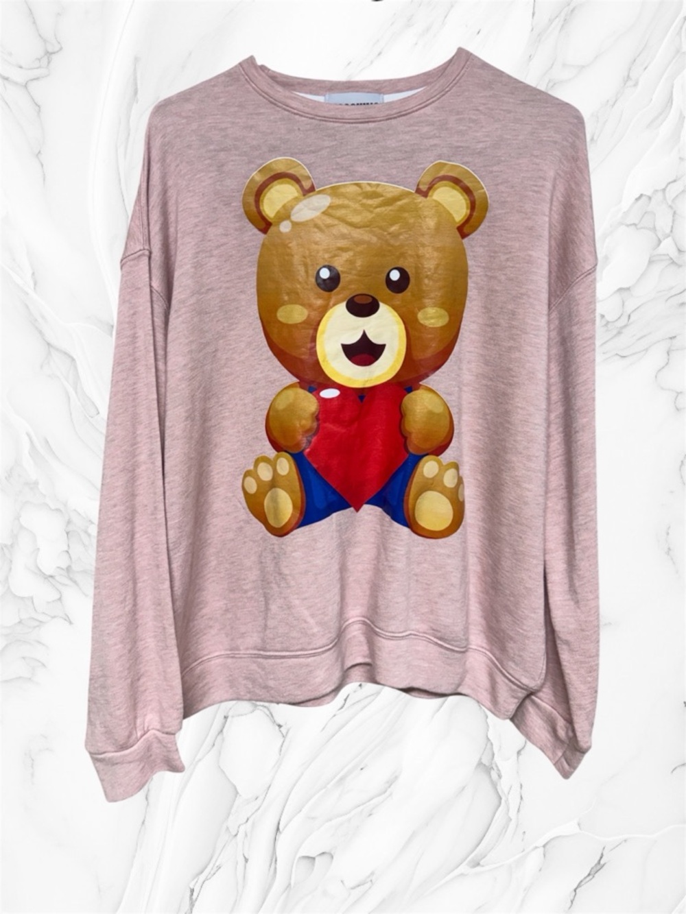 Light Pink Sweatshirt Teddy Bear Holding Red Heart XL